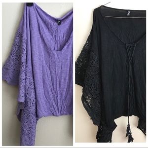 Bundle Two Box Cut Crochet Sleeved Lace Up Tops